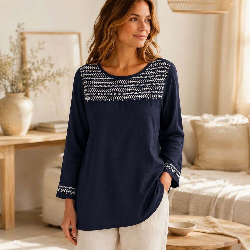 J.Jill Navy Blue 3/4 Sleeve Cotton Embroidered Fair Isle Top